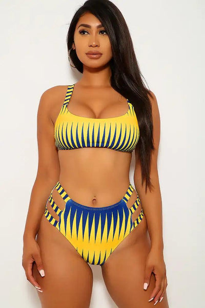 Yellow Navy Printed Strappy High Waist Two Piece Swimsuit - AMIClubwear