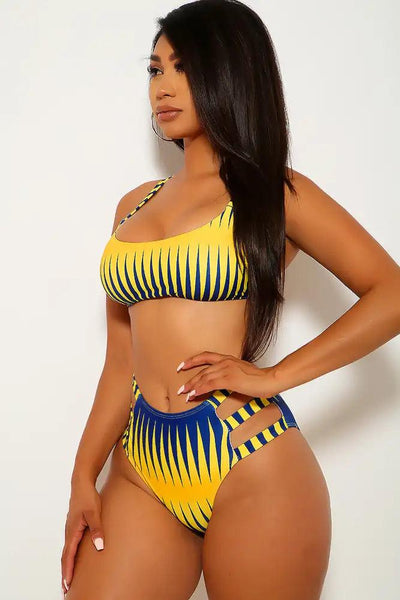 Yellow Navy Printed Strappy High Waist Two Piece Swimsuit - AMIClubwear