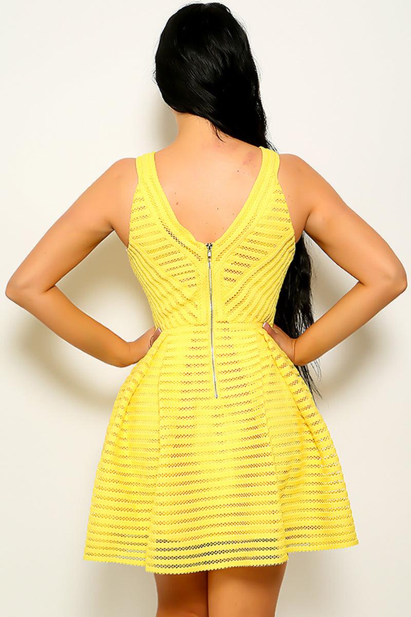 Yellow Netted Zip Up Sleeveless A-Line Cocktail Dress - AMIClubwear