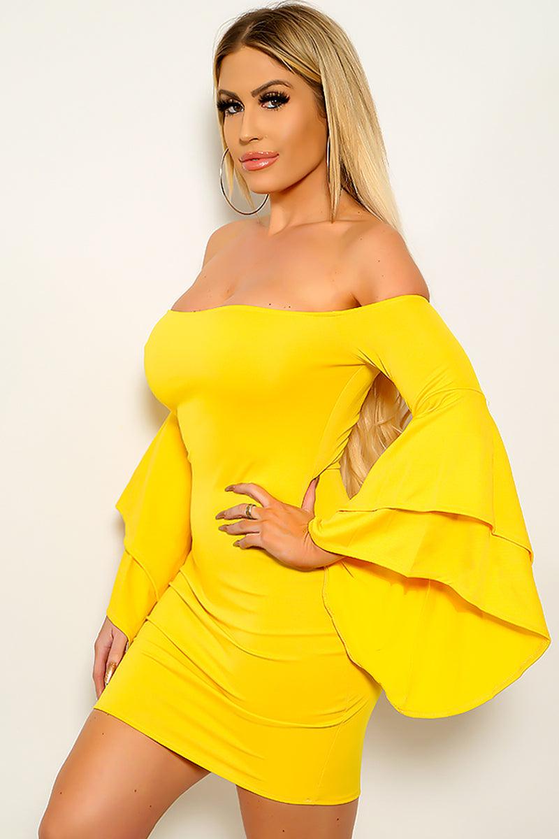 Yellow Off Shoulder Ruffled Bell Sleeves Sexy Party Dress - AMIClubwear