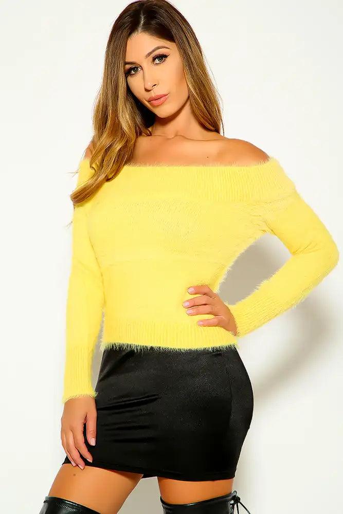 Yellow Off The Shoulder Fuzzy sweater - AMIClubwear