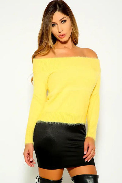 Yellow Off The Shoulder Fuzzy sweater - AMIClubwear