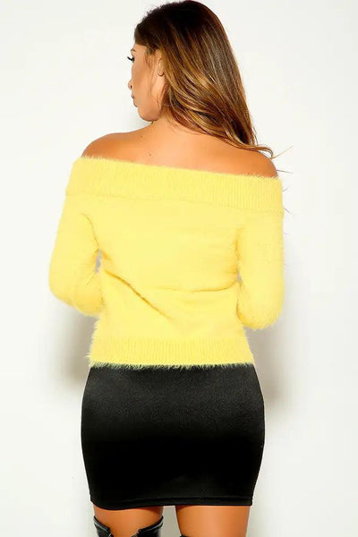 Yellow Off The Shoulder Fuzzy sweater - AMIClubwear