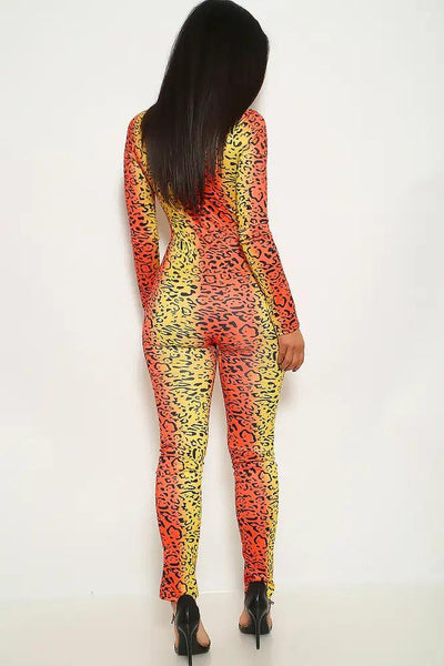 Yellow Orange Leopard Print Long Sleeve Jumpsuit - AMIClubwear