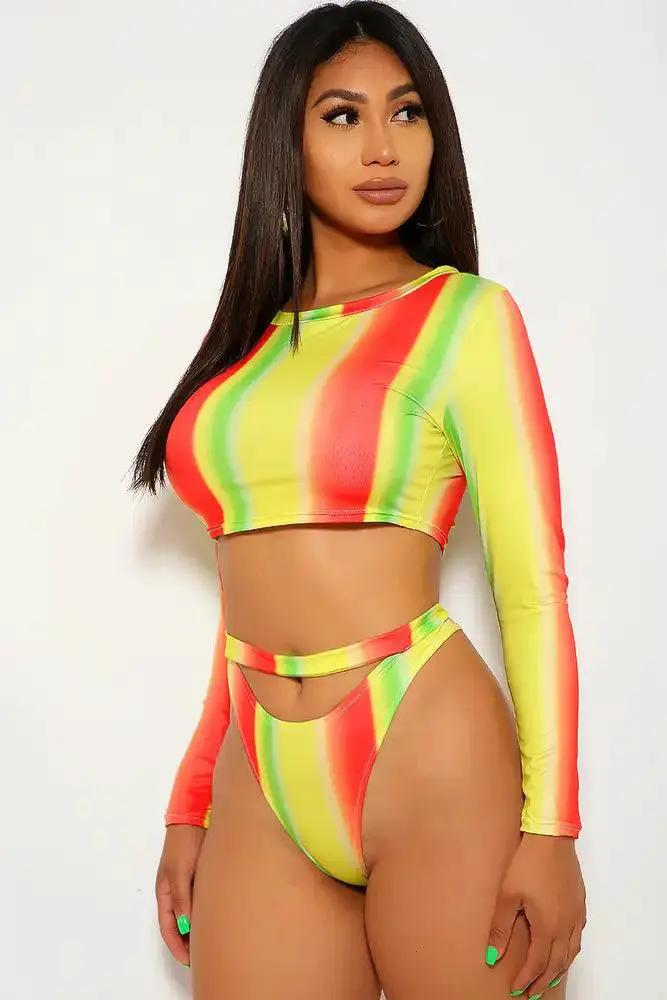 Yellow Orange Long Sleeves Two Piece Swimsuit