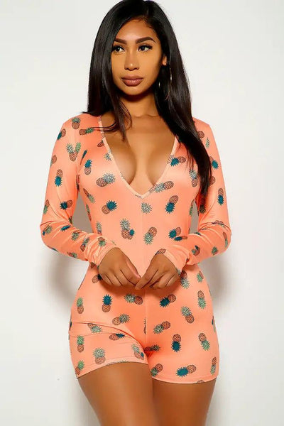 Yellow Orange Pineapple Print Long Sleeves Romper - AMIClubwear