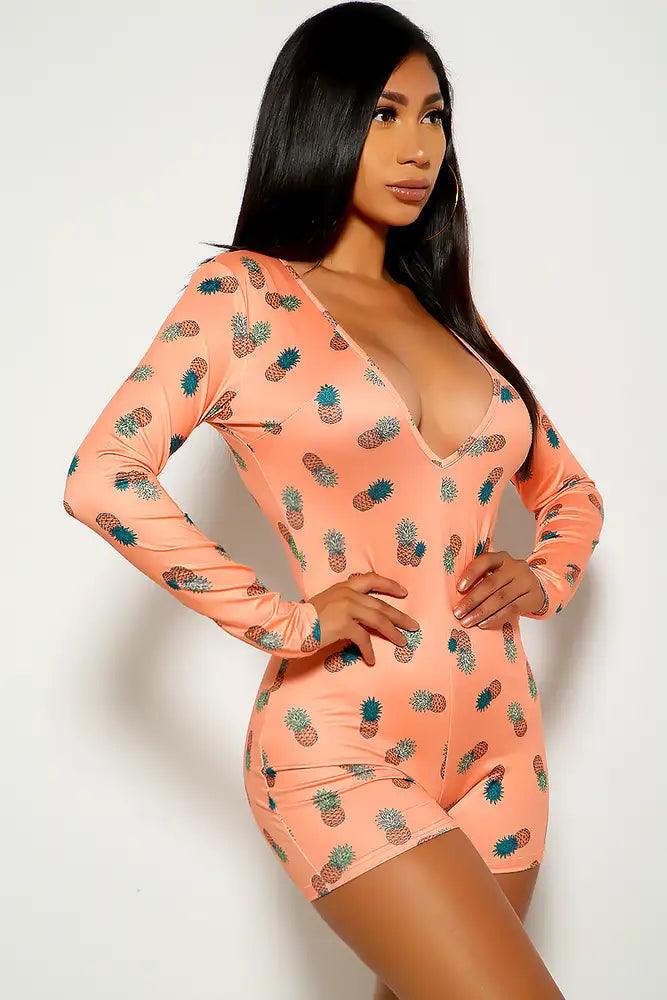 Yellow Orange Pineapple Print Long Sleeves Romper - AMIClubwear