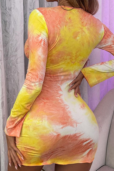 Yellow Orange Printed Strappy Long Sleeves Party Dress - AMIClubwear