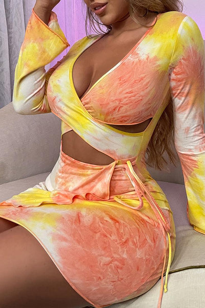 Yellow Orange Printed Strappy Long Sleeves Party Dress - AMIClubwear