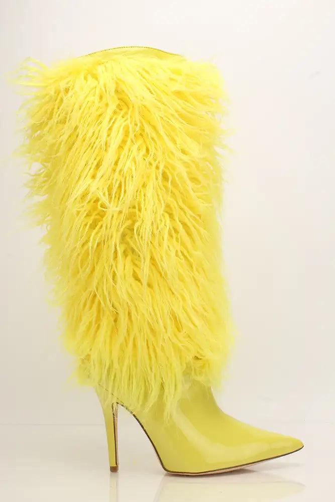 Yellow Patent Fur Tall Furry Heel Boots Style 2 Ways - AMIClubwear