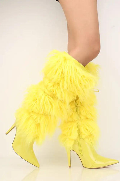 Yellow Patent Fur Tall Furry Heel Boots Style 2 Ways - AMIClubwear