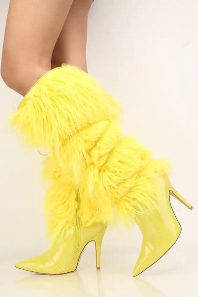 Yellow Patent Fur Tall Furry Heel Boots Style 2 Ways - AMIClubwear