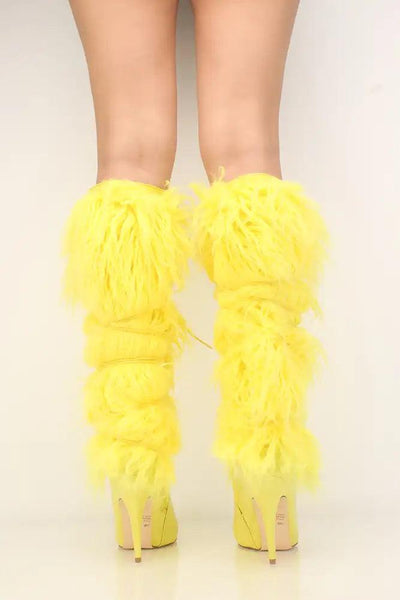 Yellow Patent Fur Tall Furry Heel Boots Style 2 Ways - AMIClubwear