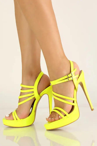 Yellow Patent Platform Strappy Heels - AMIClubwear