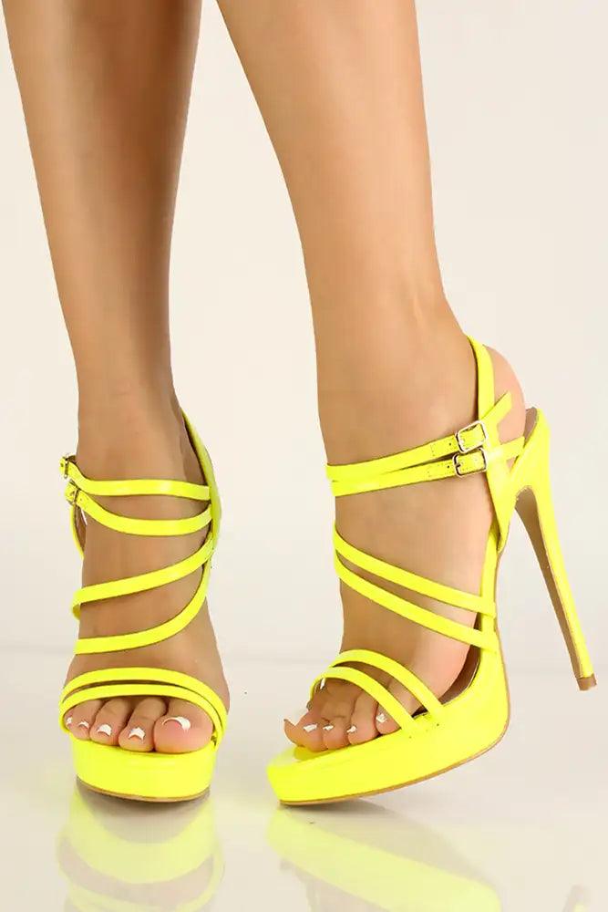 Yellow Patent Platform Strappy Heels - AMIClubwear