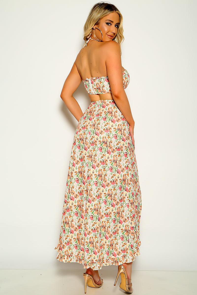 Yellow Pink Floral Print Halter Two Piece Sexy Party Dress - AMIClubwear