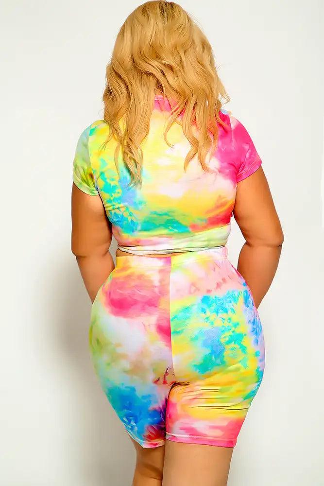 Yellow Pink Short Sleeve Plus Size Two Piece Outfit - AMIClubwear