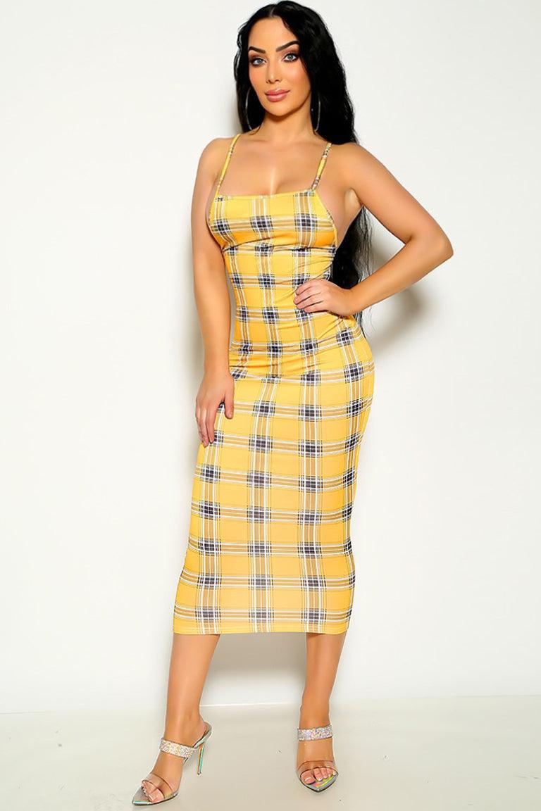 Yellow Plaid Criss-Cross Back Sexy Midi Party Dress - AMIClubwear