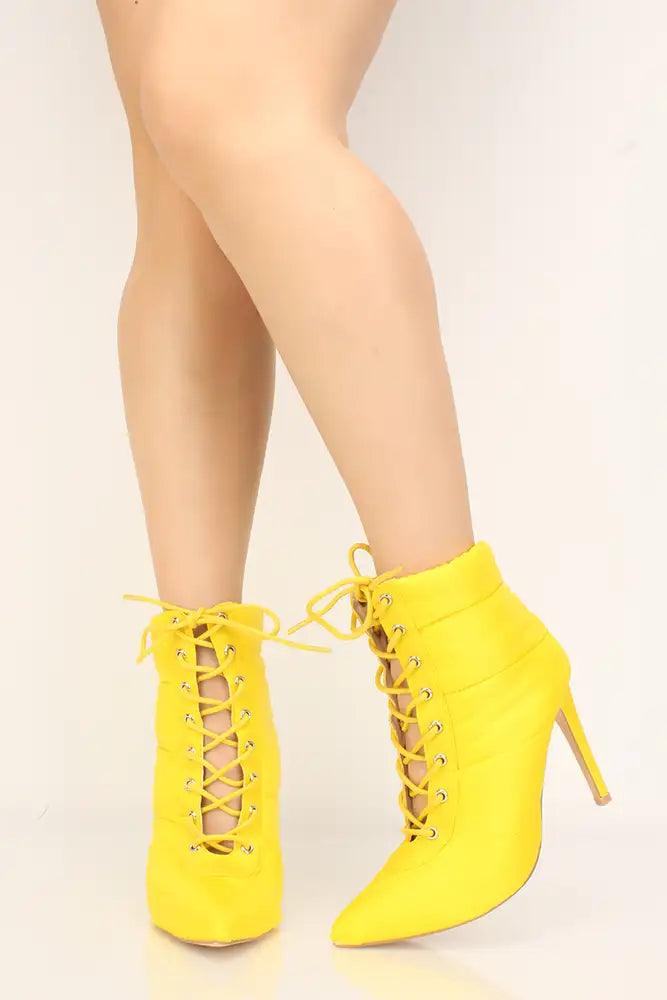 Yellow Puffer Pointy Toe Lace-Up Heel Booties - AMIClubwear