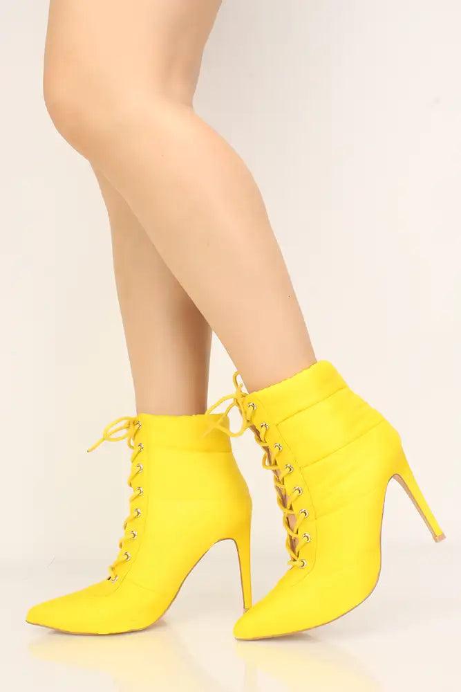 Yellow Puffer Pointy Toe Lace-Up Heel Booties - AMIClubwear