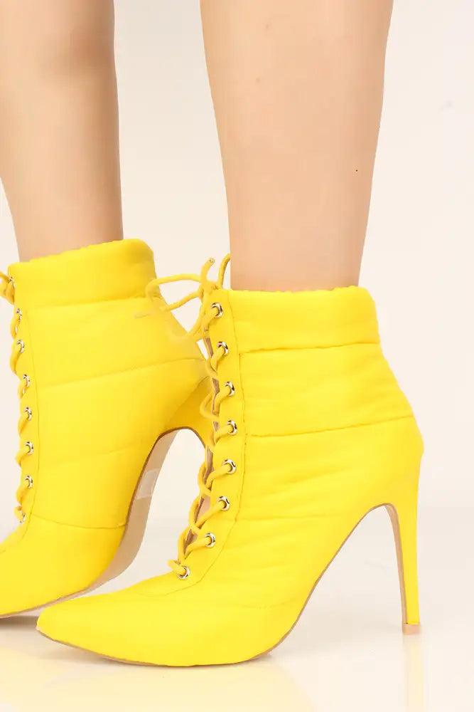 Yellow Puffer Pointy Toe Lace-Up Heel Booties - AMIClubwear