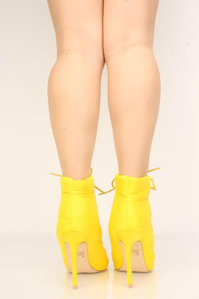 Yellow Puffer Pointy Toe Lace-Up Heel Booties - AMIClubwear