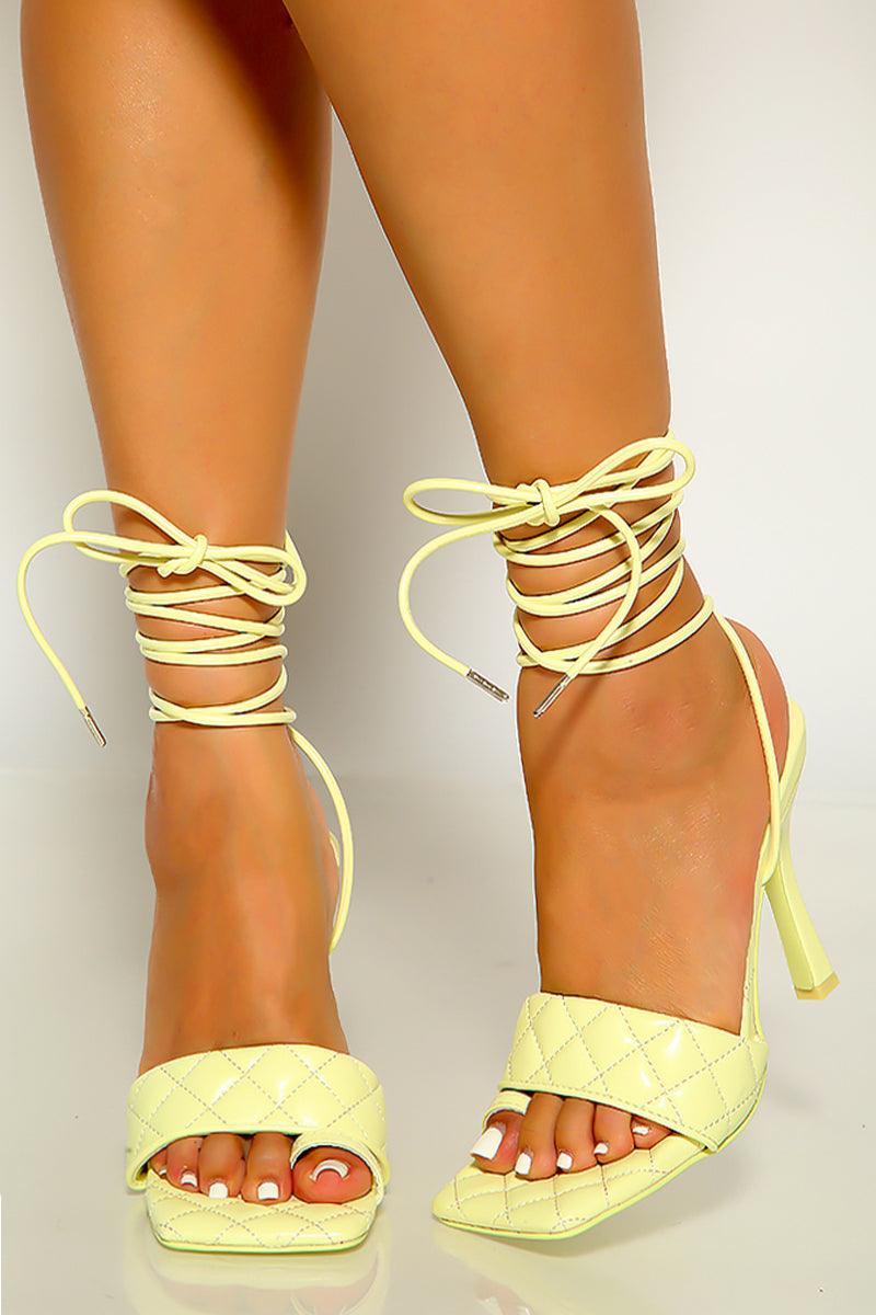 Yellow Quilted Open Toe Lace Up High Heels - AMIClubwear