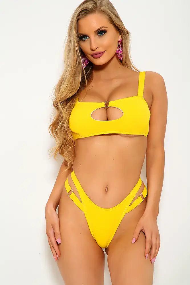 Yellow Ribbed Cut Out O-Ring Two Piece Swimsuit - AMIClubwear
