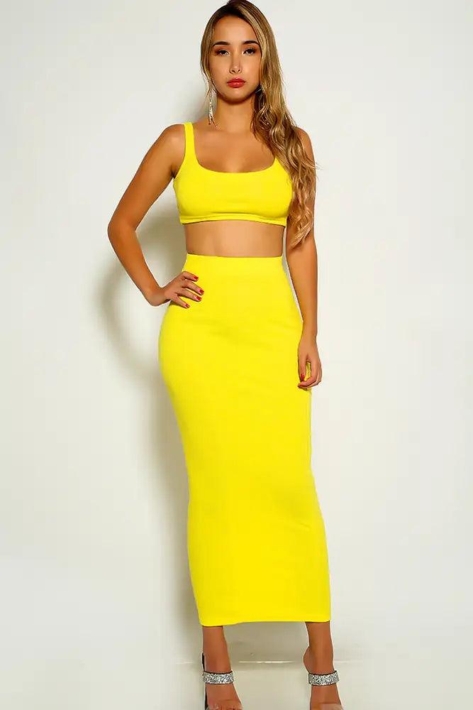 Yellow Ribbed Sleeveless Two Piece Dress - AMIClubwear