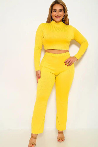 Yellow Ribbed Two Piece Plus Size Outfit - AMIClubwear
