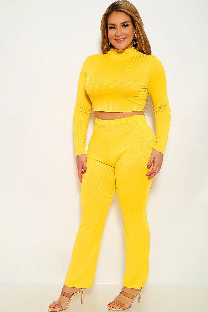 Yellow Ribbed Two Piece Plus Size Outfit - AMIClubwear