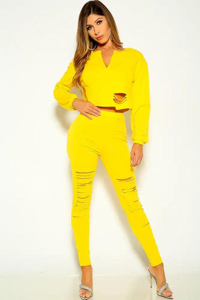 Yellow Ripped Long Sleeve Zipper Pants Track Suit Lounge Wear Outfit - AMIClubwear
