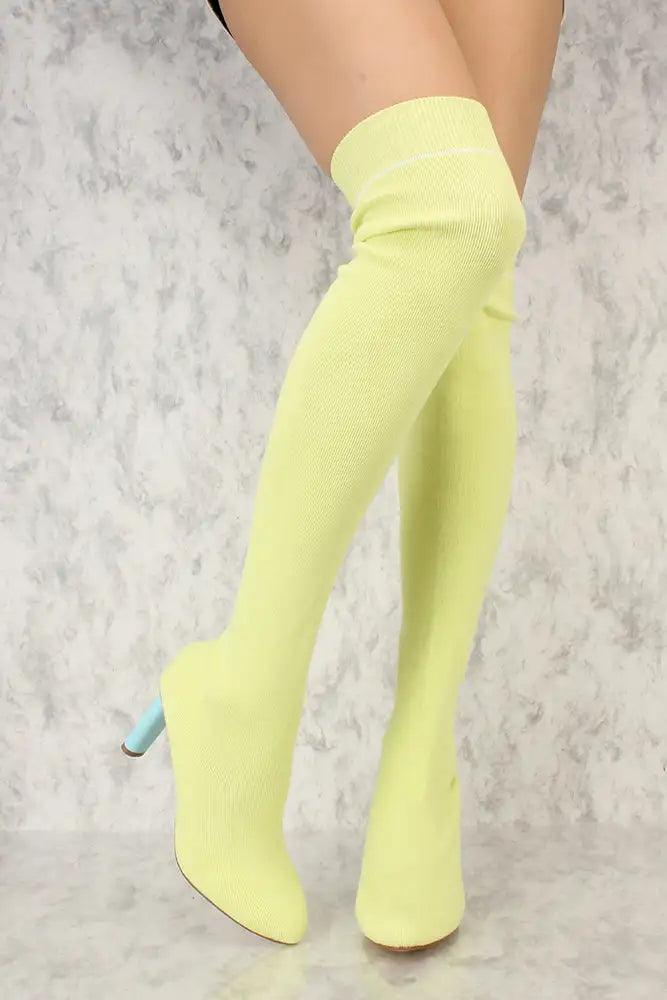 Yellow Round Pointy Toe Thigh High Chunky Heel Sock Boots - AMIClubwear