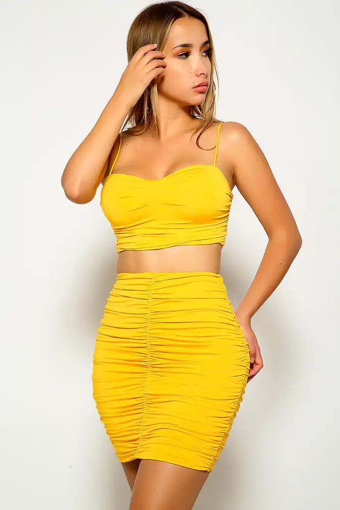 Yellow Ruched Two Piece Dress - AMIClubwear