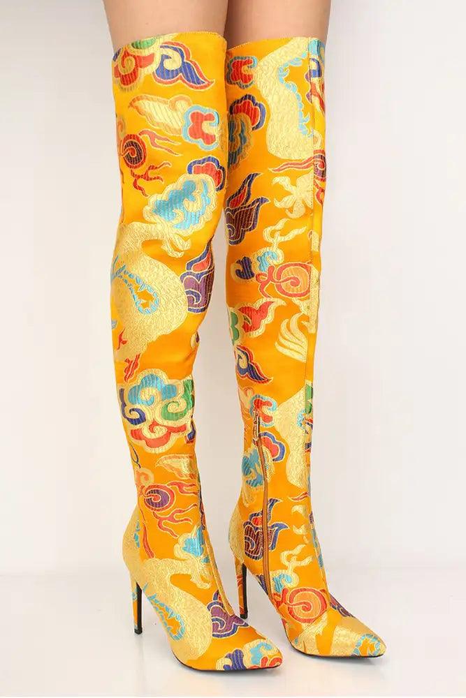 Yellow Satin Pointy Toe Thigh High Boots - AMIClubwear