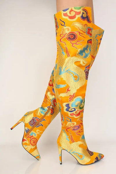 Yellow Satin Pointy Toe Thigh High Boots - AMIClubwear