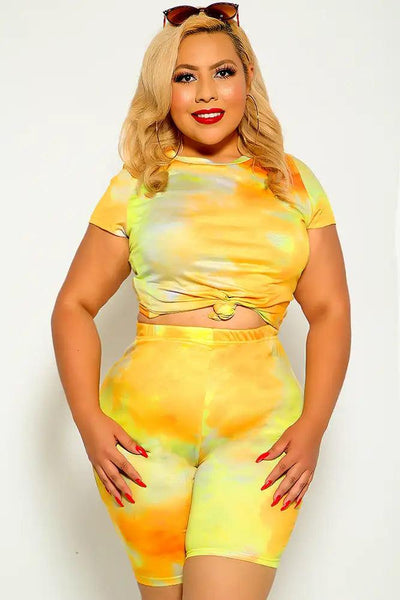 Yellow Short Sleeve Plus Size Two Piece Outfit - AMIClubwear