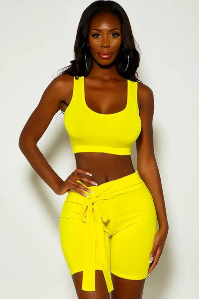 Yellow Sleeveless Belted Two Piece outfit - AMIClubwear