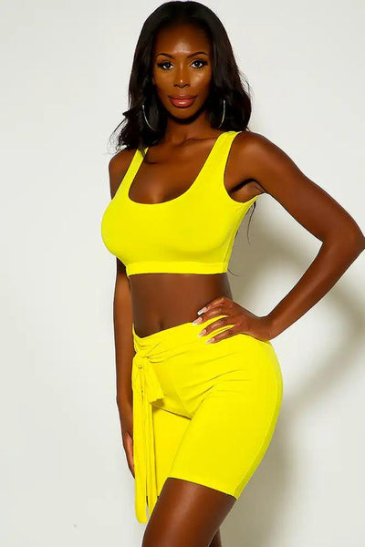 Yellow Sleeveless Belted Two Piece outfit - AMIClubwear