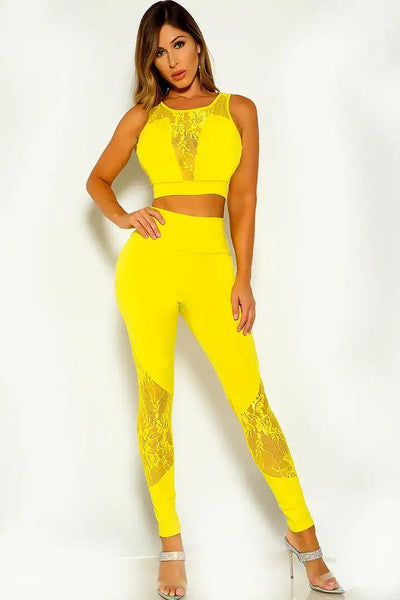 Yellow Sleeveless Lace Embroider Two Piece Outfit - AMIClubwear