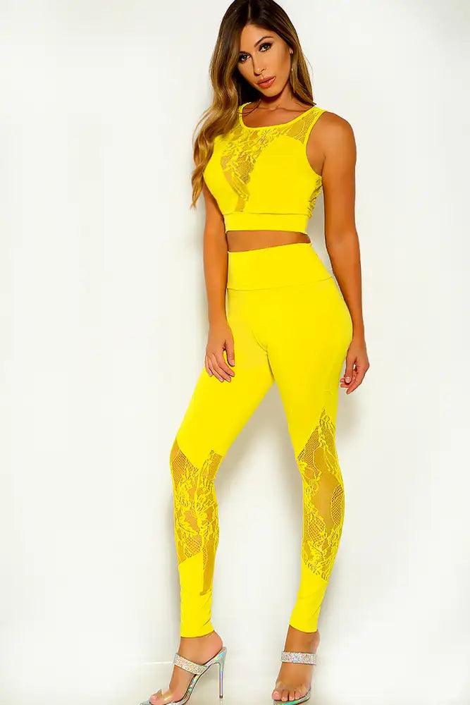 Yellow Sleeveless Lace Embroider Two Piece Outfit - AMIClubwear