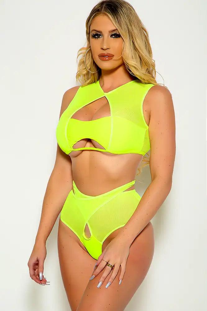 Yellow Sleeveless Mesh Cross Two Piece Swimsuit - AMIClubwear