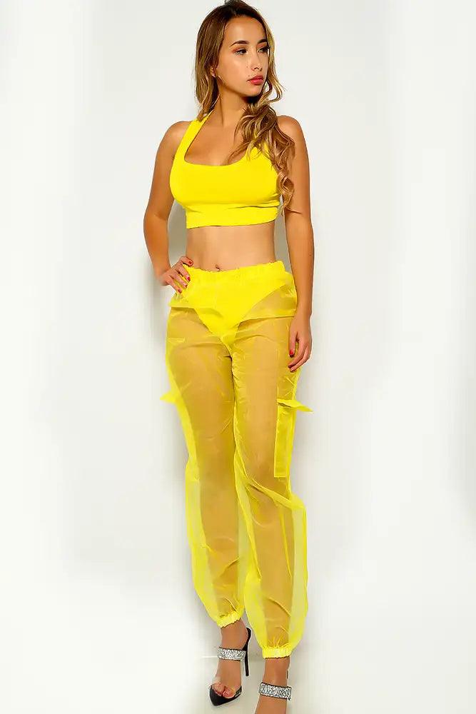 Yellow Sleeveless Mesh Two Piece Outfit - AMIClubwear