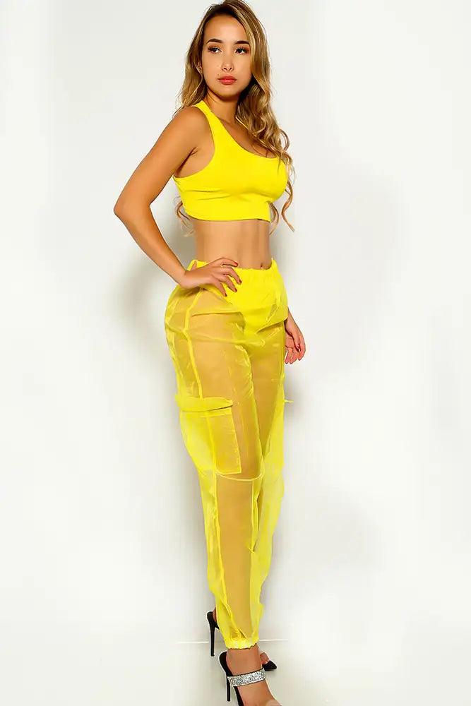 Yellow Sleeveless Mesh Two Piece Outfit - AMIClubwear