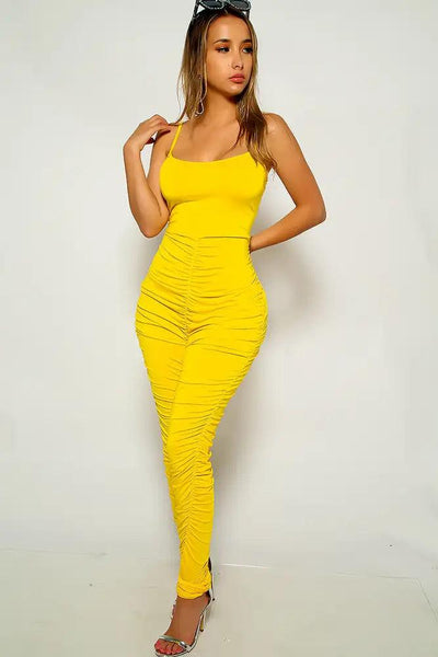 Yellow Sleeveless Ruched Jumpsuit - AMIClubwear