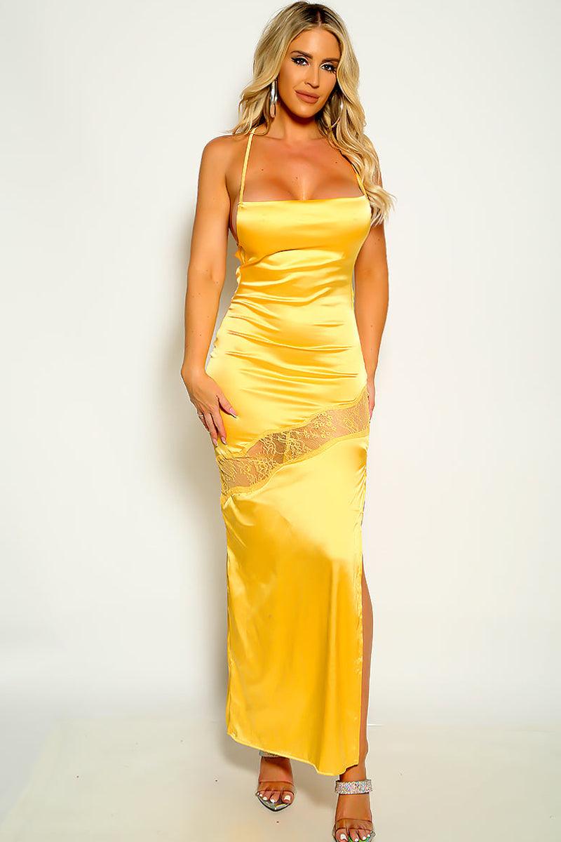 Yellow Sleeveless Satin Lace Embroidered Maxi Sexy Party Dress - AMIClubwear