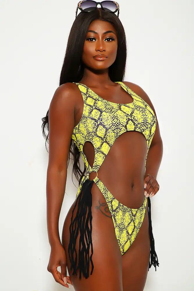 Yellow Snake Print Cut Out Fringe One Piece Swimsuit - AMIClubwear
