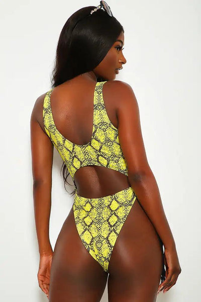 Yellow Snake Print Cut Out Fringe One Piece Swimsuit - AMIClubwear