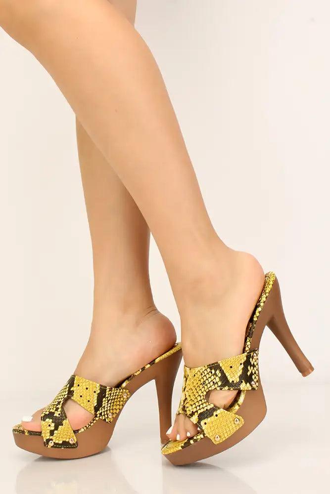 Yellow Snake Print Faux Suede High Heels - AMIClubwear