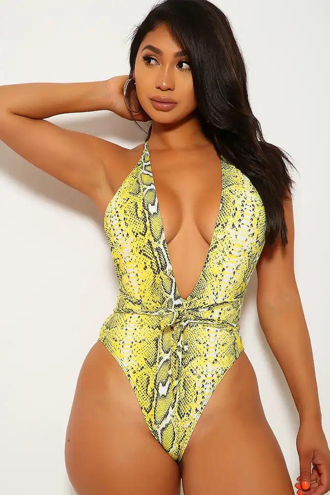 Yellow Snake Print Halter Wraparound Cheeky One Piece Swimsuit - AMIClubwear